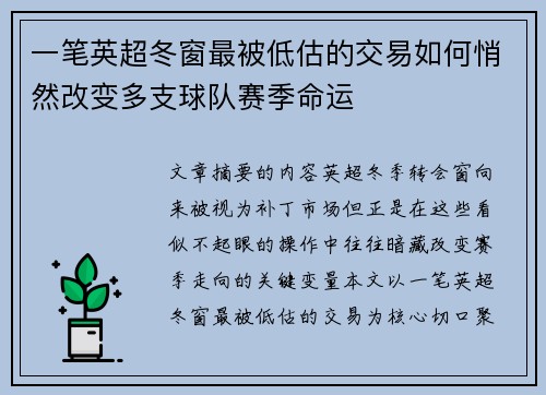 一笔英超冬窗最被低估的交易如何悄然改变多支球队赛季命运